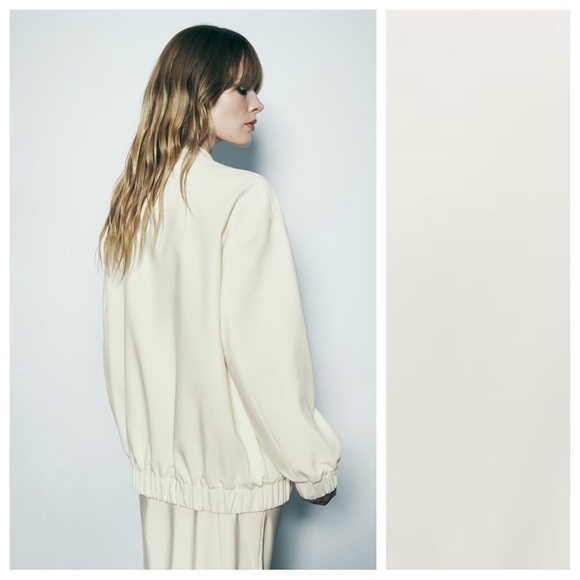 NWT. Zara Oyster White Long Bomber Jacket with Patch Pockets. Size XS. - Picture 3 of 10